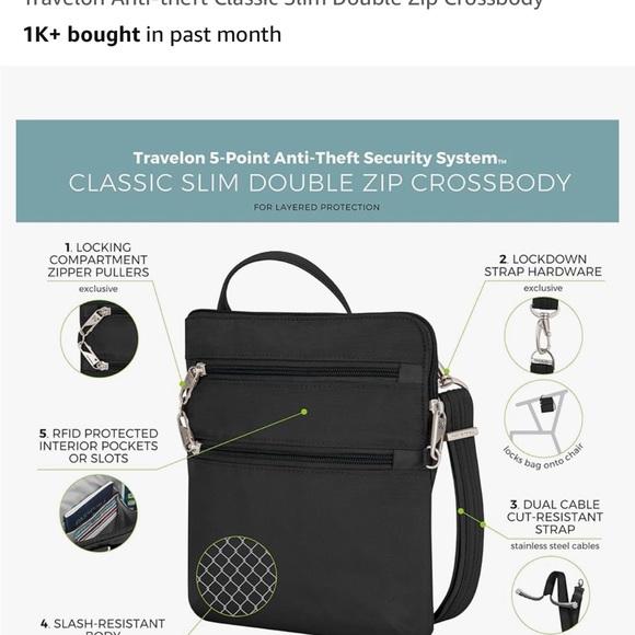 NWT Travelon slim double zip Black Crossbody anti theft Bag - Picture 8 of 15
